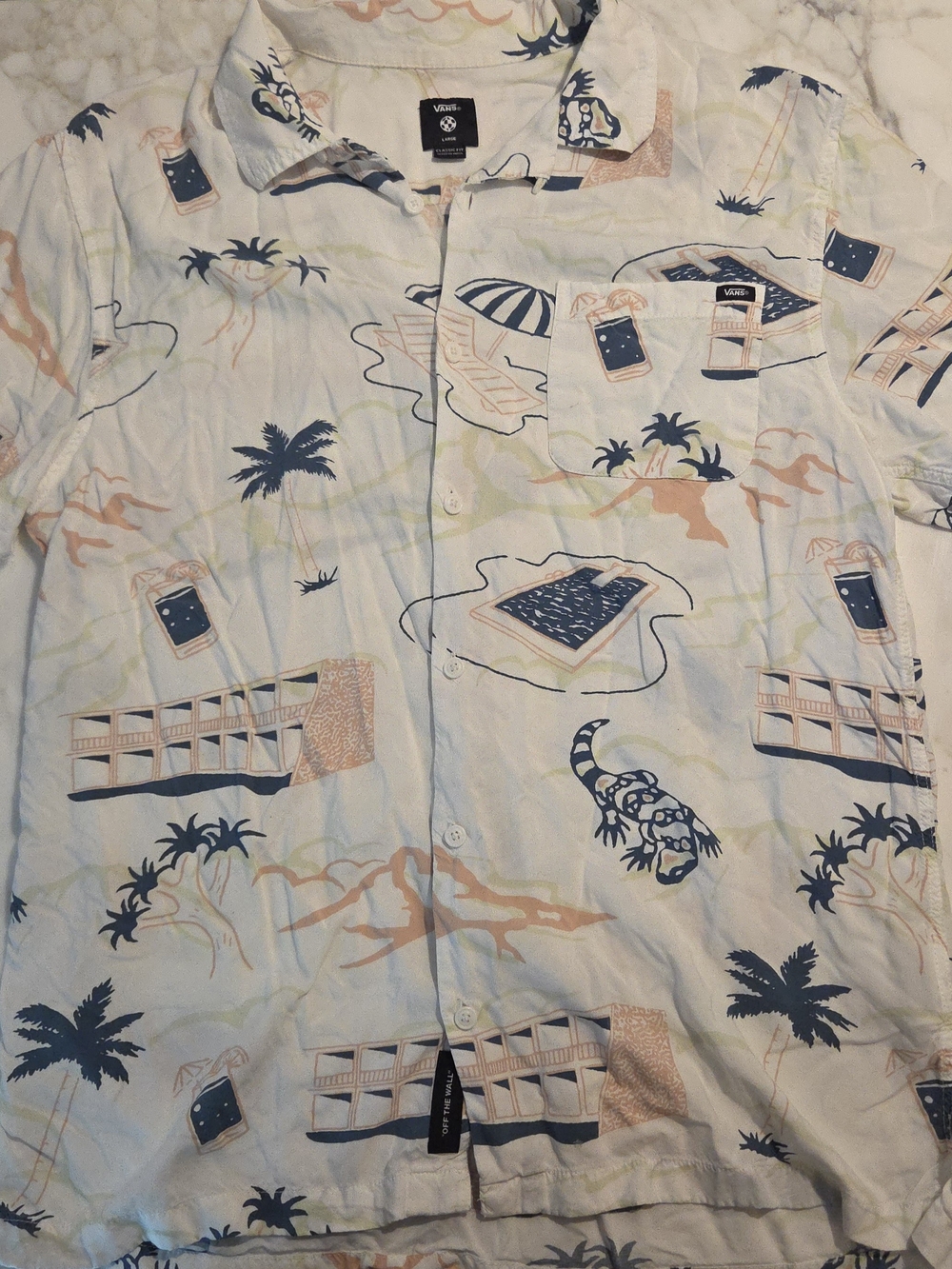 Vans Tropical Print Button-Up Shirt -  Mint Green with Navy & Peach Accents